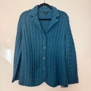 Talbots Cardigan Cable Knit Teal Sweater Collared Soft 100% Merino Wool Sz 1X